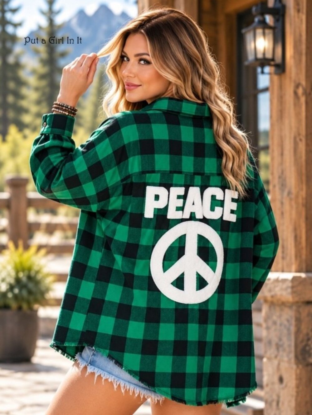 Women's plus size green plaid peace sign oversized shacket jacket shirt 1x 2x 3x